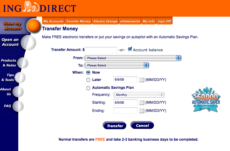 Account sweep setup with ING Direct