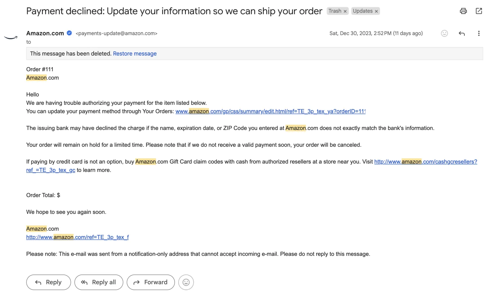 Payment declined: Update your information so we can ship your order