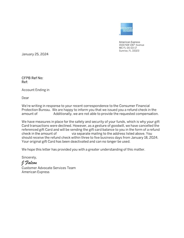American Express response letter